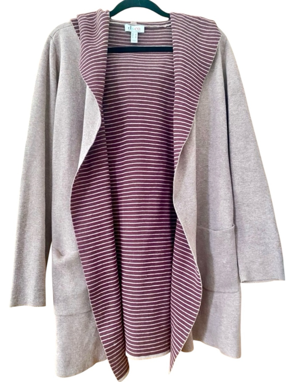 Denim & Co Hooded Longline Cardigan Sweater Taupe Burgundy Stripe Pockets S